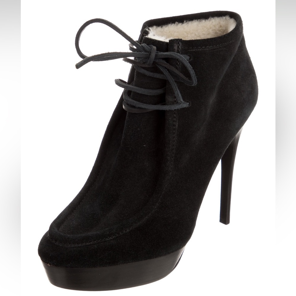 NEW BURBERRY PRORSUM Black suede leather laceup shearling heel booties EU 40 - Picture 2 of 16